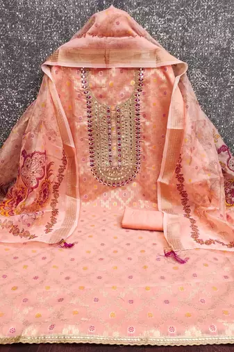 women's peach unstitched modal jacquard dress material with emblished dupatta