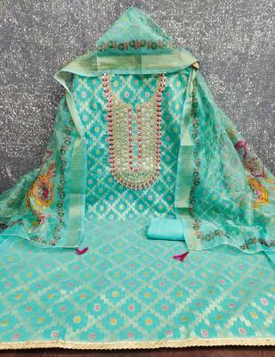 women's sea green unstitched modal jacquard dress material with emblished dupatta 2