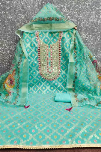 women's sea green unstitched modal jacquard dress material with emblished dupatta