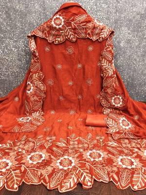 women's rust unstitched vichitra silk dress material with embroidered dupatta 2