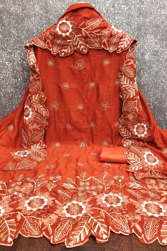 women's rust unstitched vichitra silk dress material with embroidered dupatta