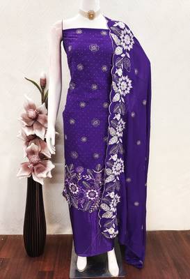 women's voilet unstitched vichitra silk dress material with embroidered dupatta 4
