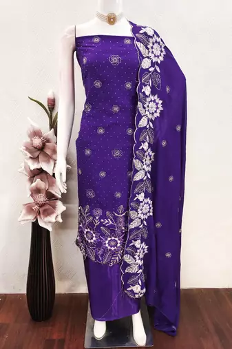 women's voilet unstitched vichitra silk dress material with embroidered dupatta