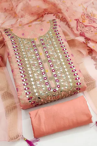 women's peach unstitched modal jacquard dress material with emblished dupatta