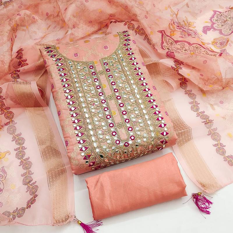 women's peach unstitched modal jacquard dress material with emblished dupatta