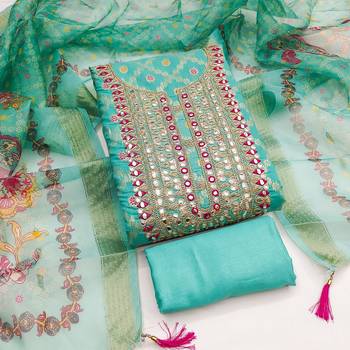 women's sea green unstitched modal jacquard dress material with emblished dupatta 3