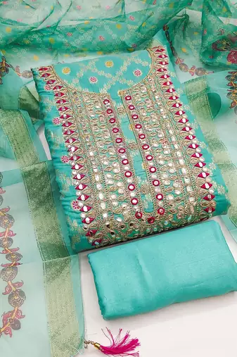 women's sea green unstitched modal jacquard dress material with emblished dupatta