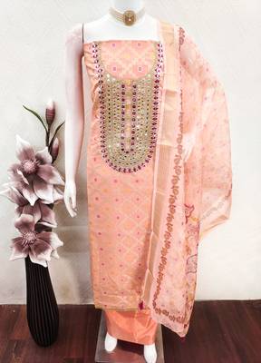 women's peach unstitched modal jacquard dress material with emblished dupatta 4