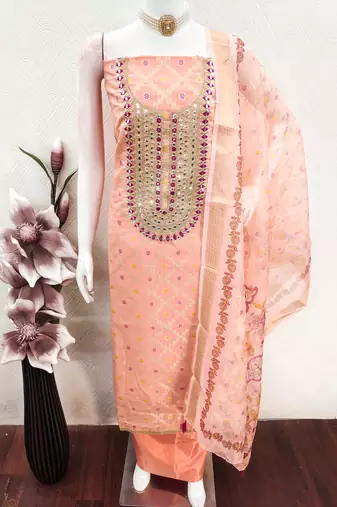 women's peach unstitched modal jacquard dress material with emblished dupatta