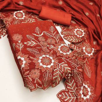 women's rust unstitched vichitra silk dress material with embroidered dupatta 3