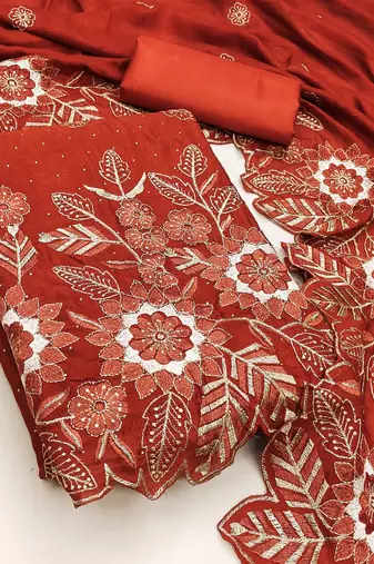 women's rust unstitched vichitra silk dress material with embroidered dupatta