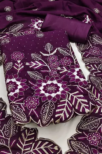 women's purple unstitched vichitra silk dress material with embroidered dupatta