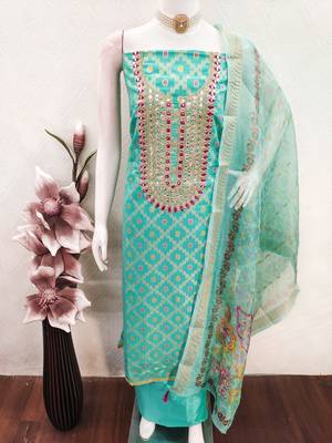 women's sea green unstitched modal jacquard dress material with emblished dupatta 4