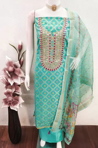 women's sea green unstitched modal jacquard dress material with emblished dupatta
