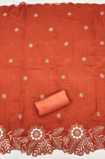 women's rust unstitched vichitra silk dress material with embroidered dupatta