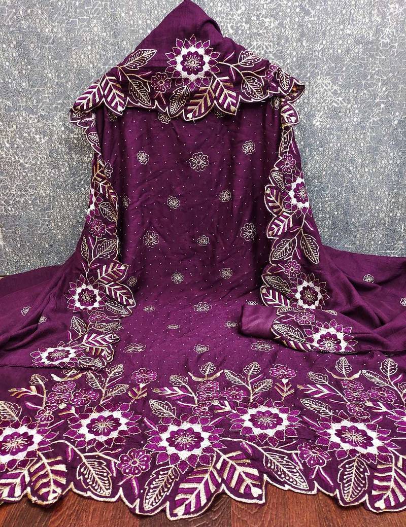 women's purple unstitched vichitra silk dress material with embroidered dupatta