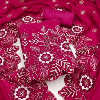 women's magenta unstitched vichitra silk dress material with embroidered dupatta 1