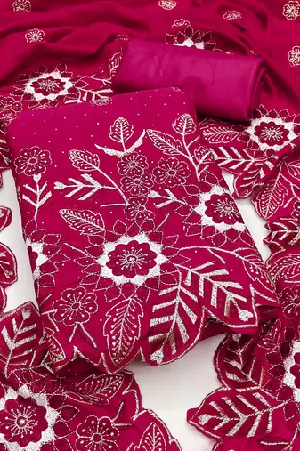 women's magenta unstitched vichitra silk dress material with embroidered dupatta