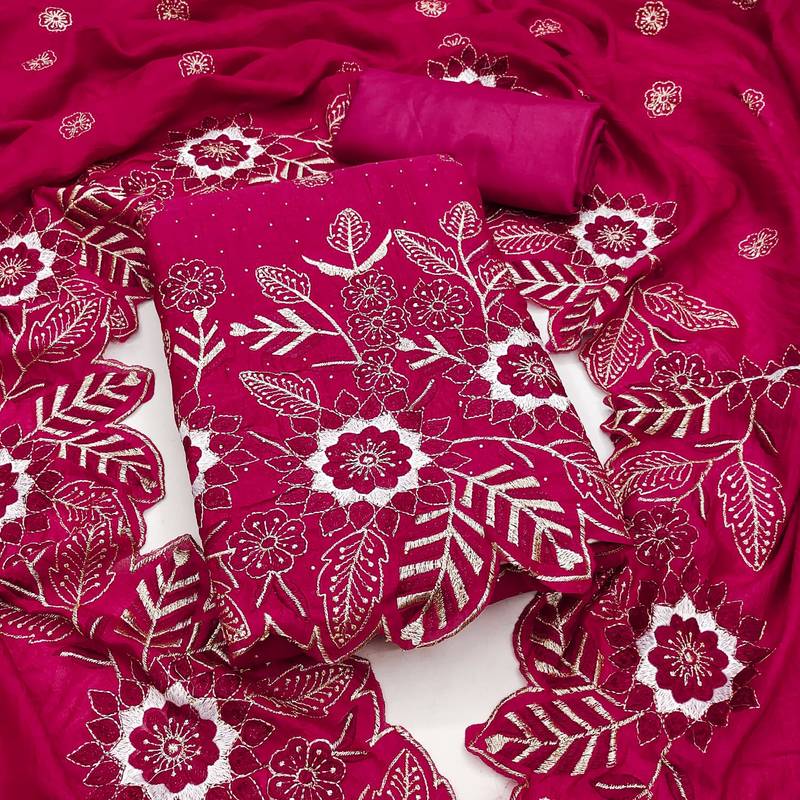 women's magenta unstitched vichitra silk dress material with embroidered dupatta