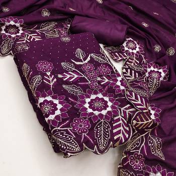 women's purple unstitched vichitra silk dress material with embroidered dupatta 3