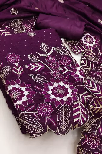 women's purple unstitched vichitra silk dress material with embroidered dupatta