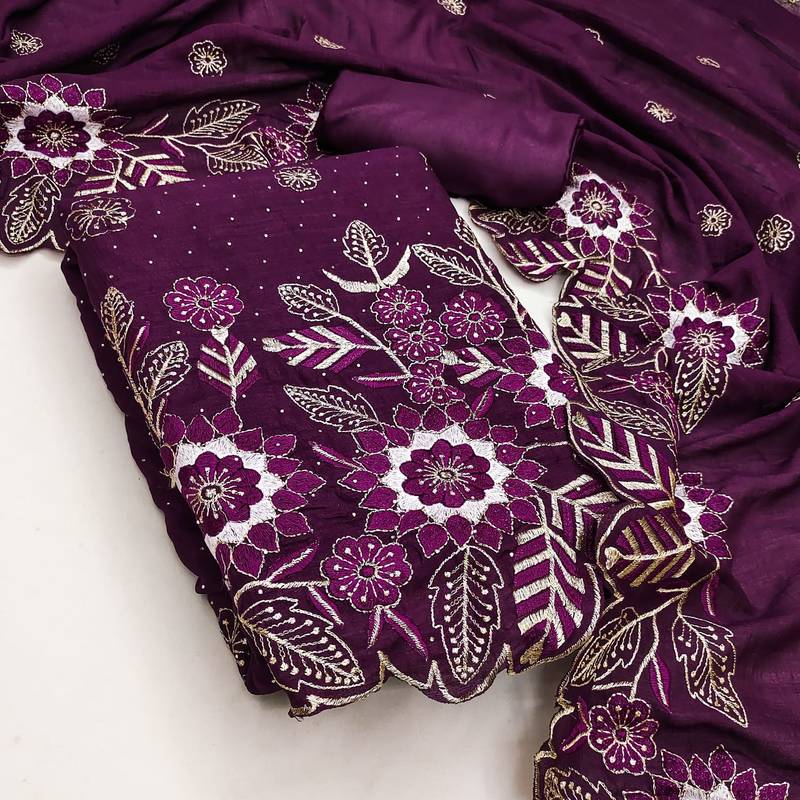 women's purple unstitched vichitra silk dress material with embroidered dupatta