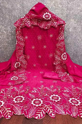 women's magenta unstitched vichitra silk dress material with embroidered dupatta
