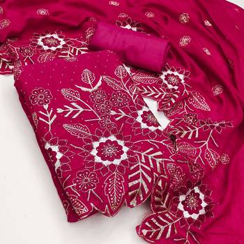 women's magenta unstitched vichitra silk dress material with embroidered dupatta 3