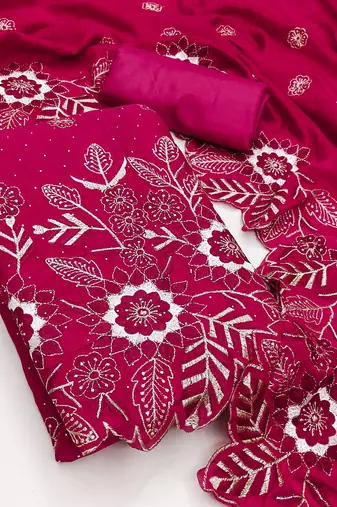 women's magenta unstitched vichitra silk dress material with embroidered dupatta