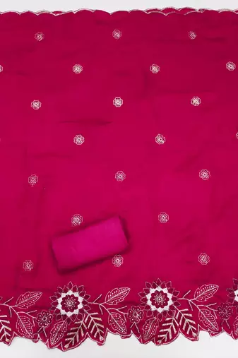 women's magenta unstitched vichitra silk dress material with embroidered dupatta