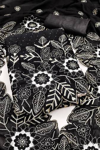 women's black unstitched vichitra silk dress material with embroidered dupatta