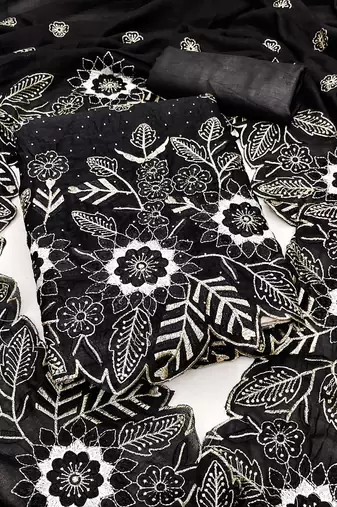 women's black unstitched vichitra silk dress material with embroidered dupatta