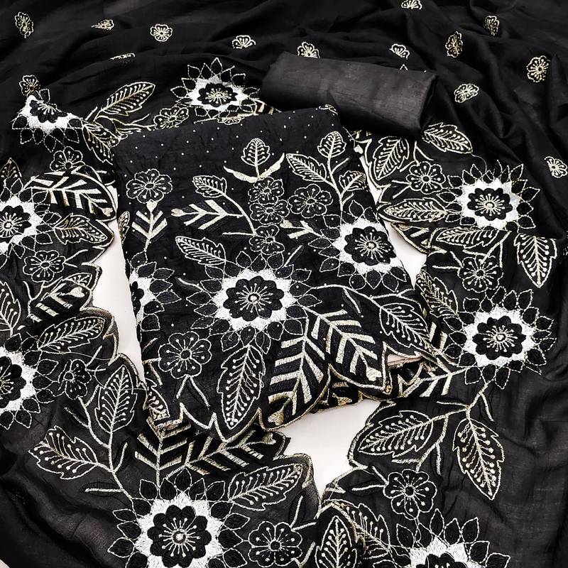 women's black unstitched vichitra silk dress material with embroidered dupatta