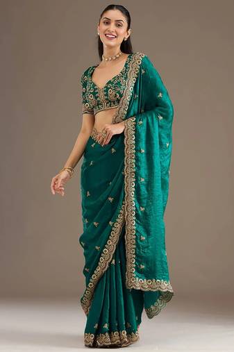Fetching rama green tissue silk zari and sequins embroidered indian latest design ethnic saree