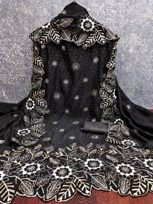women's black unstitched vichitra silk dress material with embroidered dupatta 2