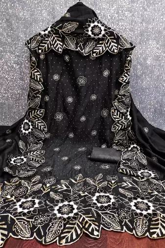 women's black unstitched vichitra silk dress material with embroidered dupatta