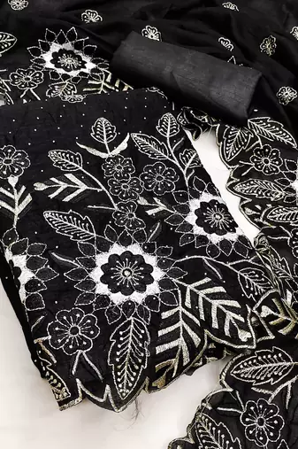 women's black unstitched vichitra silk dress material with embroidered dupatta