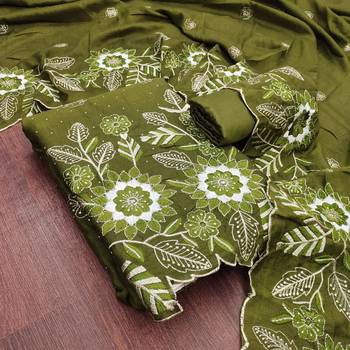 women's green unstitched vichitra silk dress material with embroidered dupatta 1