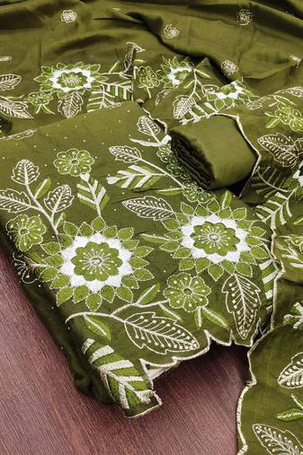 women's green unstitched vichitra silk dress material with embroidered dupatta
