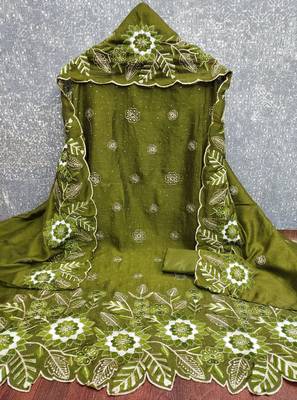 women's green unstitched vichitra silk dress material with embroidered dupatta 2