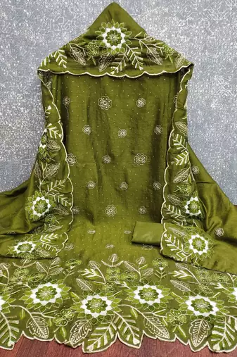 women's green unstitched vichitra silk dress material with embroidered dupatta
