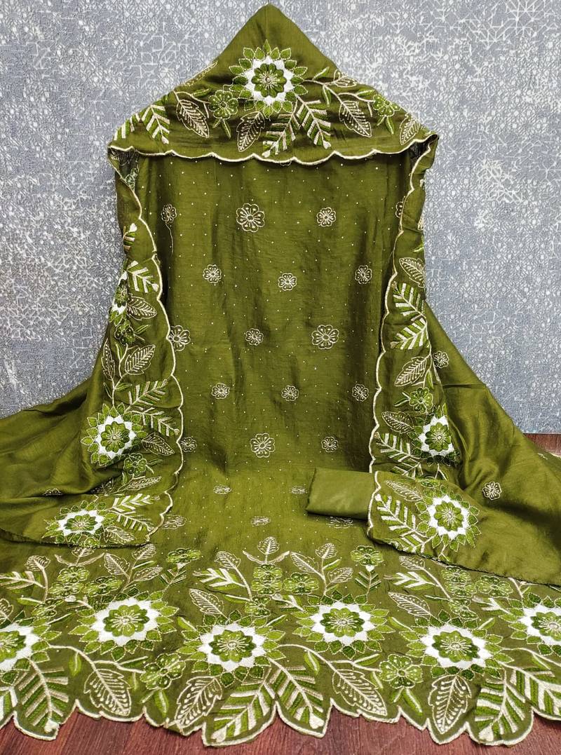 women's green unstitched vichitra silk dress material with embroidered dupatta