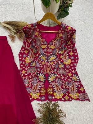 rani pink color embroidery and sequins work georgette salwar suit 4