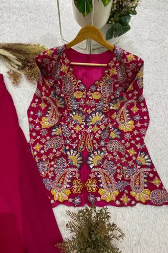 rani pink color embroidery and sequins work georgette salwar suit
