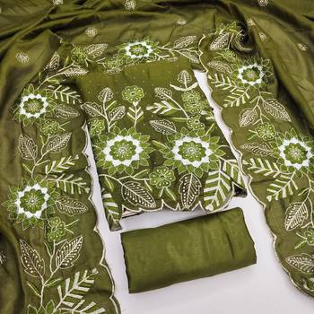 women's green unstitched vichitra silk dress material with embroidered dupatta 3