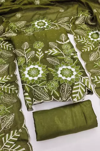 women's green unstitched vichitra silk dress material with embroidered dupatta