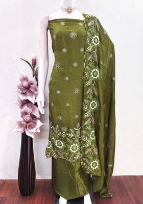 women's green unstitched vichitra silk dress material with embroidered dupatta 4