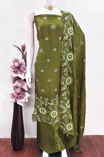 women's green unstitched vichitra silk dress material with embroidered dupatta