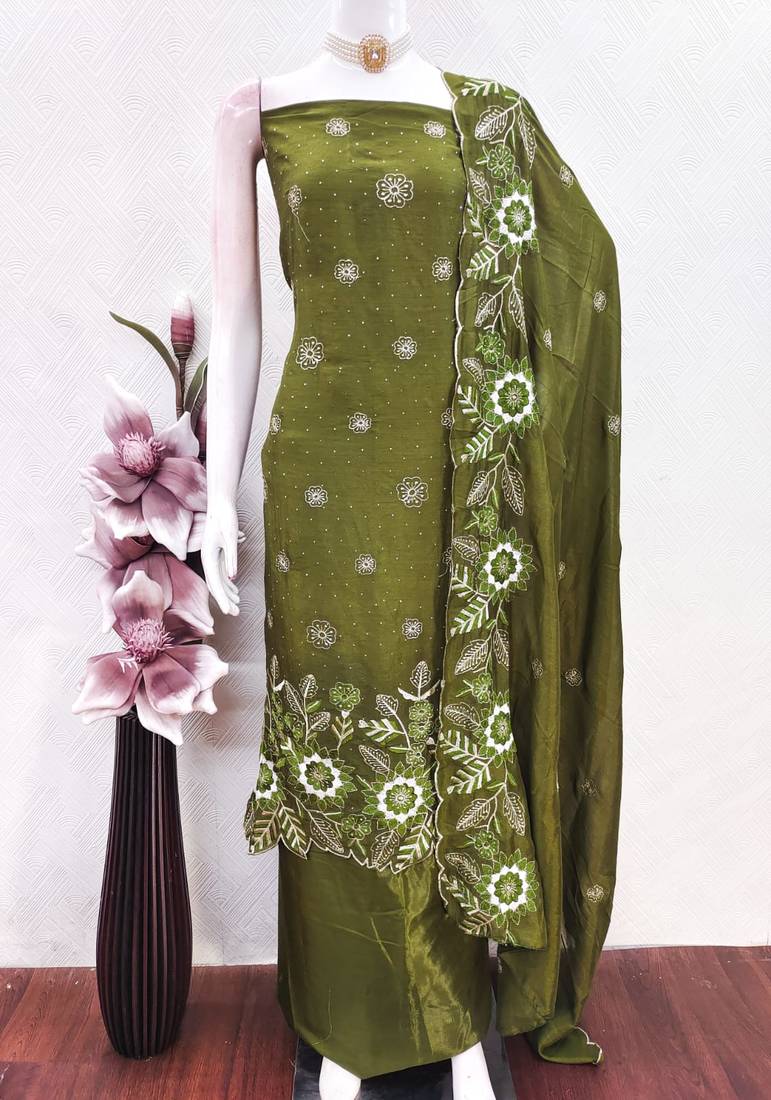 women's green unstitched vichitra silk dress material with embroidered dupatta