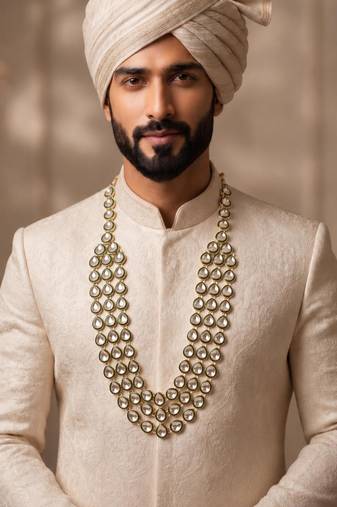 Green kundan sherwani necklace – elegant groom wedding jewellery